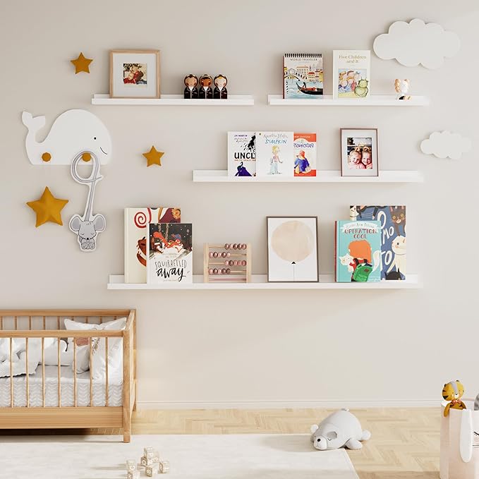 Fun Memories Picture Ledge Shelf, 36 Inch Floating Shelves Set of 2, Nursery Book Shelves for Toys Storage, Kids Bookshelf Wall Mounted for Wall Decor Books Photo Frames, White