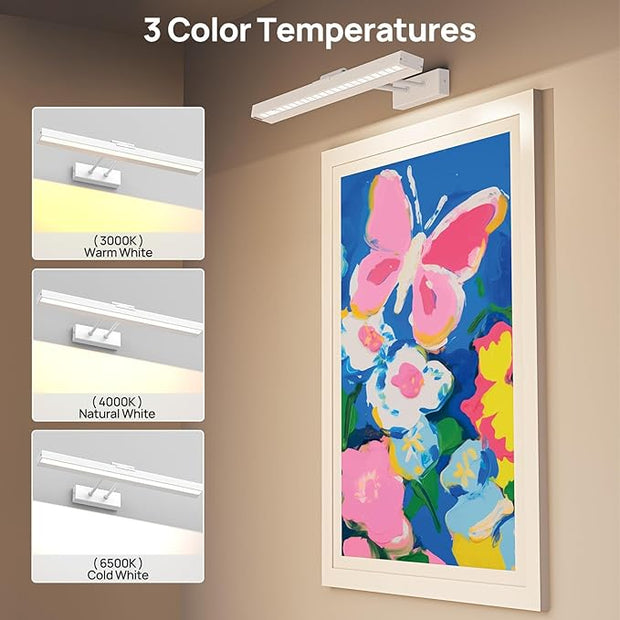 PESUTEN Picture Light Battery Operated, 16in Wireless Art Light for Paintings CCT Dimmable Recharging Battery Picture Light with Remote Control for Gallery Dartboard Art Bedroom Bathroom White