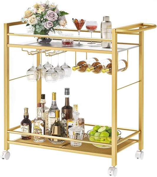 Bar Cart,Home Bar Serving Cart with Storage Shelves, 2 Tier Rolling Beverage Cart with Wheels, Modern Flowing Gold Wine Cart with Wine Rack and Glass Holder for Kitchen, Dinning Room,Living Room
