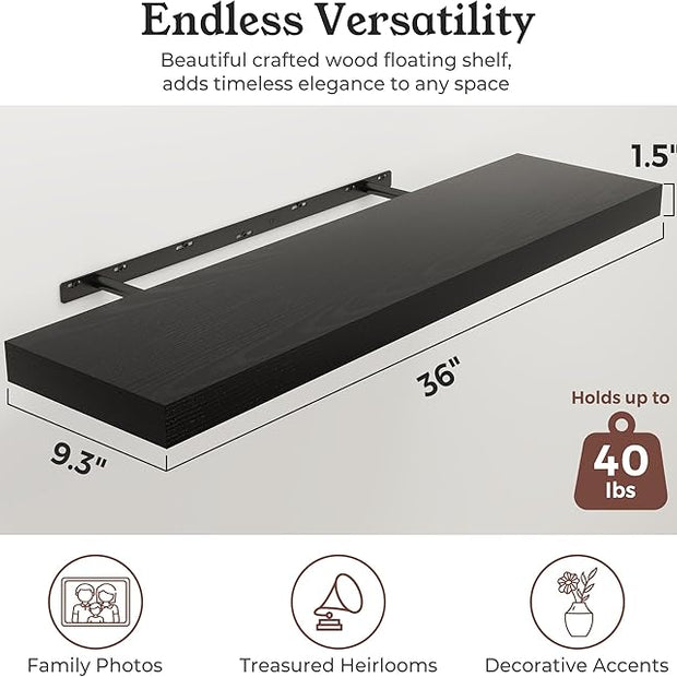 Floating Shelves for Wall, 9.3" Deep Wall Mounted Wood Shelves for Bathroom, Bedroom, Living Room, Kitchen, Hanging Shelf for Books/Storage/Room Decor (Black, 36")