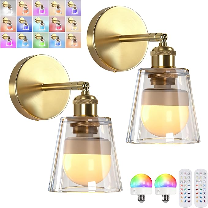 Vintage Battery Operated Wall Sconce with Transparent Minimalist Glass Lampshade Rechargeable Battery Powered Wall Light with Remote Control for Bedside Bedroom Bathroom, Set of 2