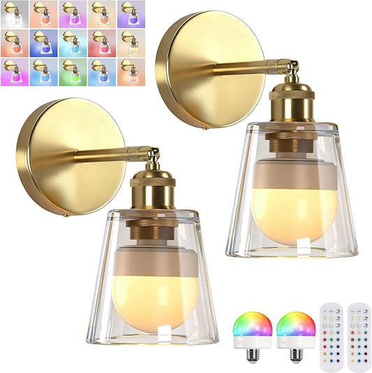 Vintage Battery Operated Wall Sconce with Transparent Minimalist Glass Lampshade Rechargeable Battery Powered Wall Light with Remote Control for Bedside Bedroom Bathroom, Set of 2
