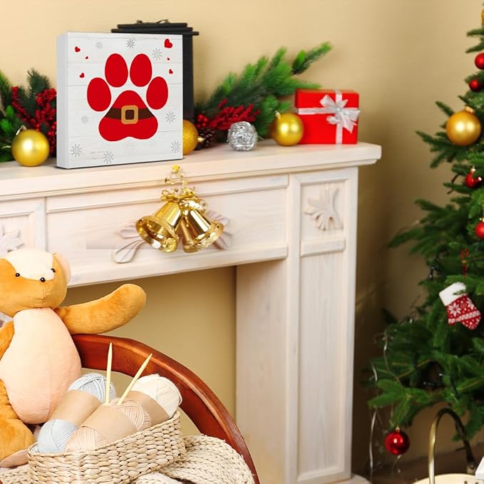 Farmhouse Christmas Decor, Christmas Decorations Indoor, Red Dog Paws Wooden Sign Rustic Home Shelf Desk Decor 5 x 5 Inches