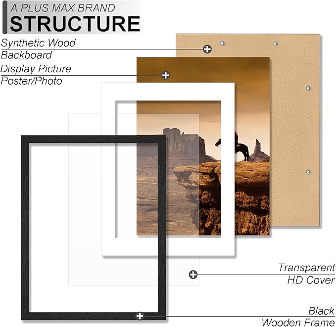 A PLUS MAX 8x10 Picture Frame Set of 6, Engineered Wood Frame Display Photo 5x7 with Mat or 8 x 10 without Mat, 8by10 Frame with Black Wood Grain for Wall - 6 Pack/Black/8