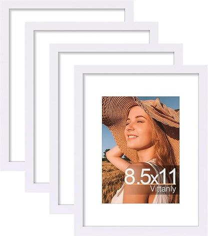 Vittanly 8.5x11 Picture Frames Set of 4, Display Pictures 6x8 with Mat or 8.5x11 without Mat, Gallery Wall Frame Set for Wall Mounting, Engineered Wood with Shatter Resistant Plexiglass, White