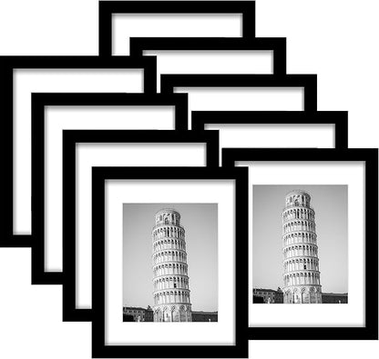 Wiscet 11x14 Picture Frame Set of 9, Display Pictures 8x10 with Mat or 11x14 Without Mat, Photo Frame for Wall Mounting or Tabletop Display, Black.