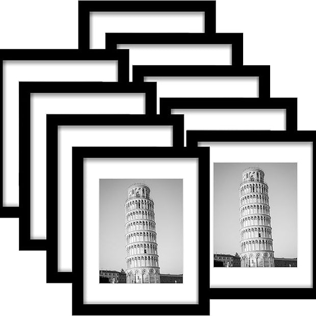 Wiscet 11x14 Picture Frame Set of 9, Display Pictures 8x10 with Mat or 11x14 Without Mat, Photo Frame for Wall Mounting or Tabletop Display, Black.
