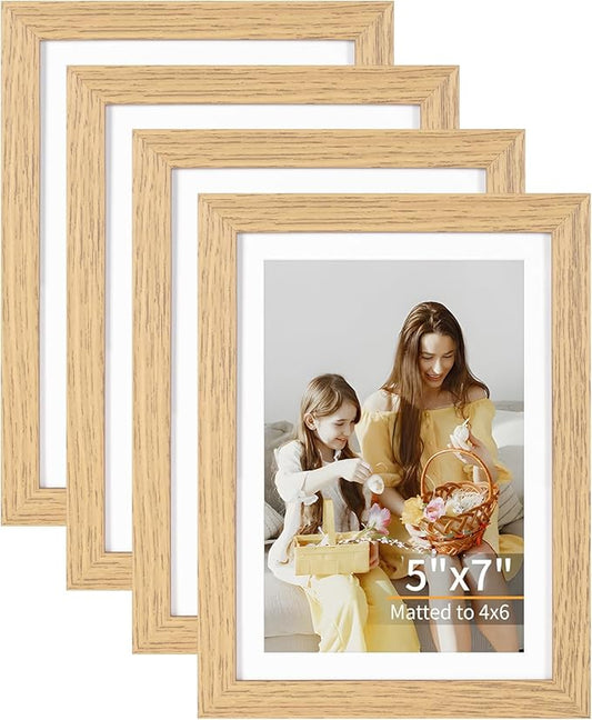 5x7 Picture Frame Set of 4, Displays 4x6 with Mat or 5x7 Without Mat, Photo Frames for Wall Hanging or Tabletop, Includes HD Plexiglass, Light Wood Grain