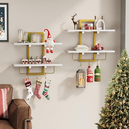Floating Shelves, 15" Wall Shelf Set of 2, Hanging Bathroom Shelves 2-Tier, Wall Mounted Storage Shelves, for Living Room Bedroom Bathroom Kitchen Office Coffee Bar, White and Gold