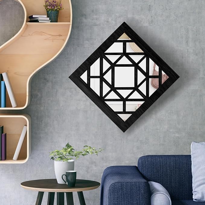 2 PCS Square Wall Mirror,Rustic Farmhouse Wall Mirrors,12 inch Small Mirror Art (style1 Black)