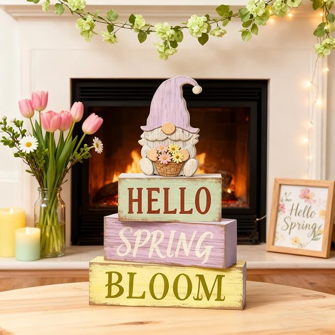 Spring Decoration Wooden Tiered Tray Decor – Rustic Hello Spring Bloom Gnome Stacked Block Sign with Flower Basket Topper – Farmhouse Tabletop Spring Decor for Living Room Shelf Kitchen Coffee Bar Seasonal Home Display