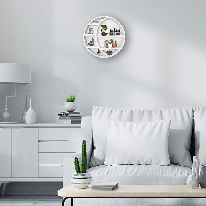 Wooden Crescent Moon Shelf Wall Decor - Decorative Boho Home Hanging Display Shelf for Bedroom, Dorm, Nursery - Easy Mount Storage for Crystals and Essential Oils - 14 x 14 x 3.5 (White)