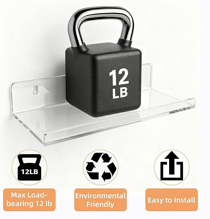 Acrylic Floating Shelves, Adhesive Wall Mount Command Shelves for Bathroom, Kitchen, Dorm - Renter-Friendly Easy Install Wall Shelves for Home Decor and Organization (Fully Clear-2 Pack)