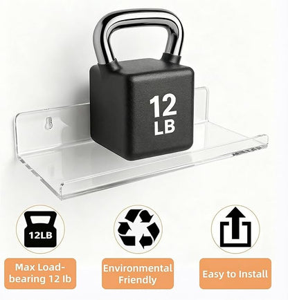 Acrylic Floating Shelves, Adhesive Wall Mount Command Shelves for Bathroom, Kitchen, Dorm - Renter-Friendly Easy Install Wall Shelves for Home Decor and Organization (Fully Clear-2 Pack)