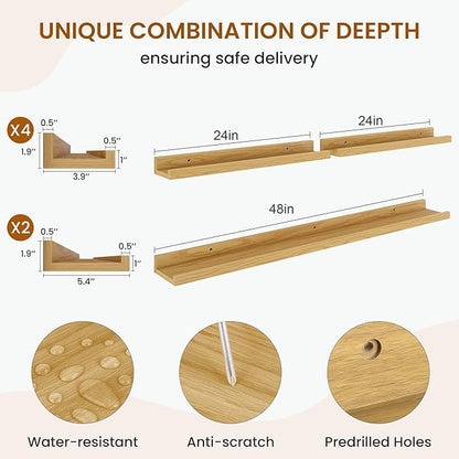 Axeman Picture Ledge Shelf, Floating Shelves for Wall Decor Storage Set of 6, 48 inch Floating Wall Mounted Shelves, Shelves with Lip for Living Room, Bedroom, Nursery, Bathroom, Kitchen, Oak