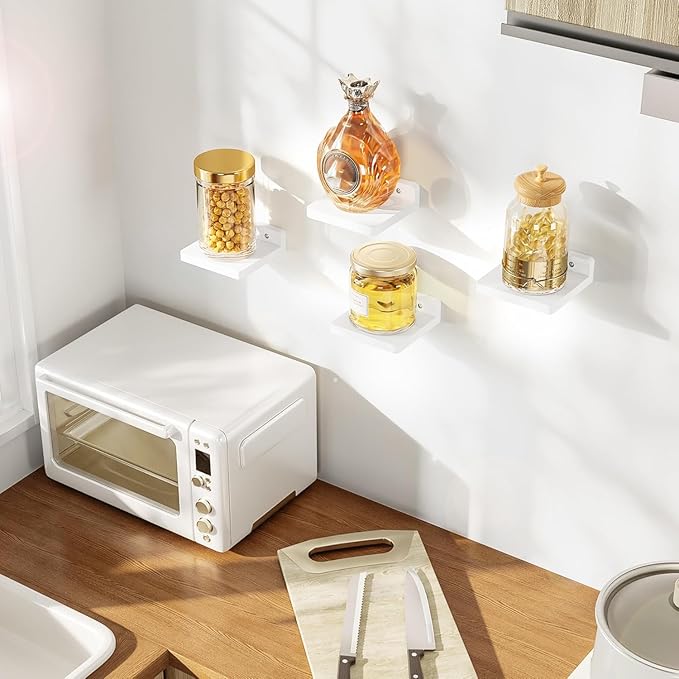 SRIWATANA Small Floating Shelves Wall Mounted, Wood Shelf for Decoration and Storage Set of 4, Mini Display Shelf for Bedroom, Bathroom, Kitchen, Office (White, 5 inch)