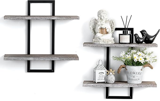 Rustic Wood Floating Shelves - Farmhouse Wooden Wall Shelves Organizer with Sturdy Metal Frame for Living Room Bedroom