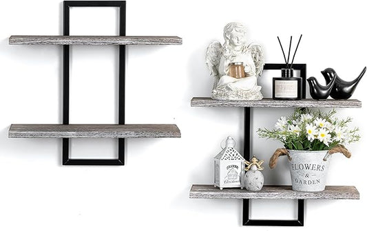 Rustic Wood Floating Shelves - Farmhouse Wooden Wall Shelves Organizer with Sturdy Metal Frame for Living Room Bedroom