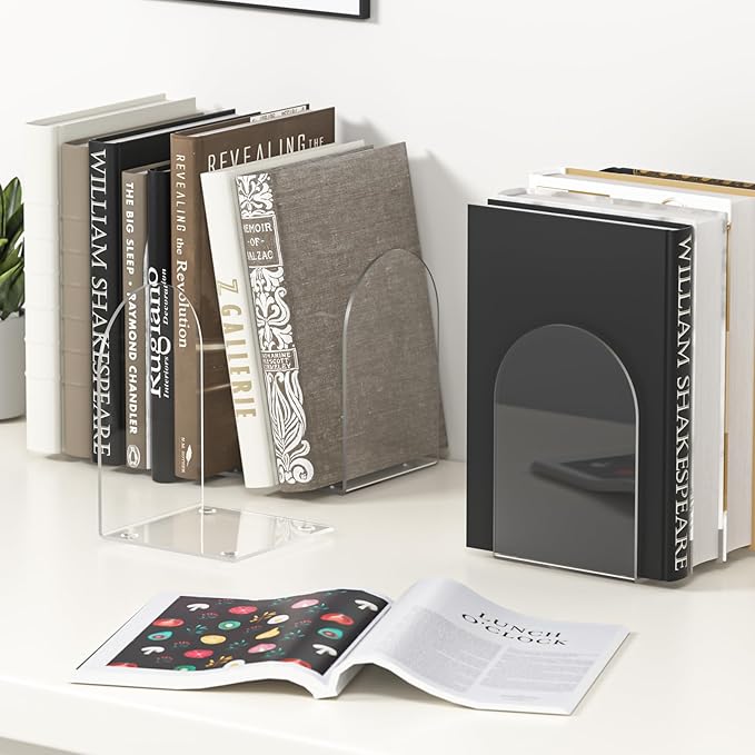 Acrylic Bookends 4 Pieces, Clear Bookends for Shelves, Book Ends for Shelves and Desktop Organizer, Transparent Shelf Book Stopper to Hold Books for Home Office Supplies