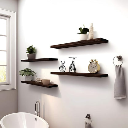 Wood Floating Shelves for Wall Decor, Rustic Wall Shelves for Bedroom Bathroom Kitchen Living Room, Set of 4 Walnut 24 Inch