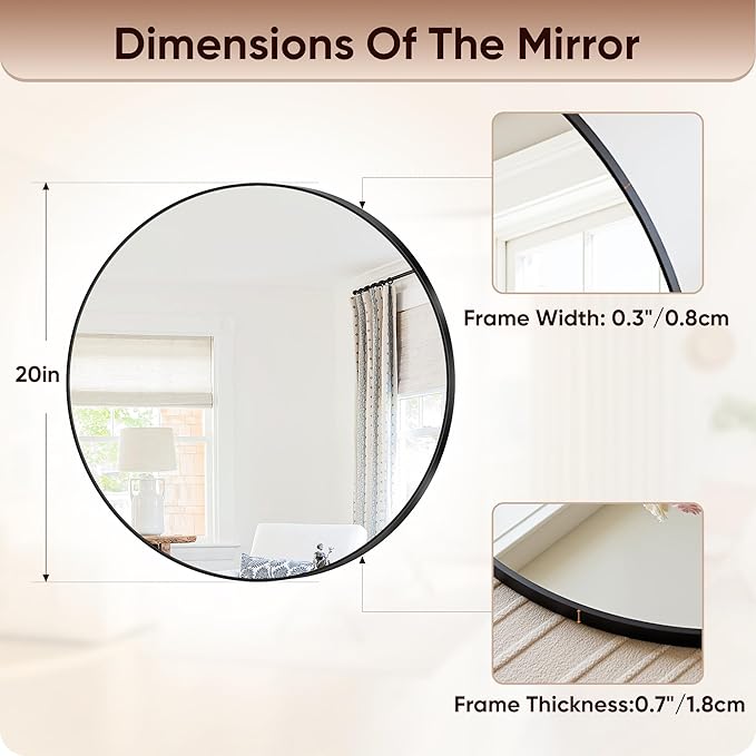 Antok Wall Mirror, 20"x20" Bathroom Vanity Mirror, Anti-Rust HD Tempered Glass, Wall Mounted Mirrors for Living Room, Entryway, Black Frame, Round