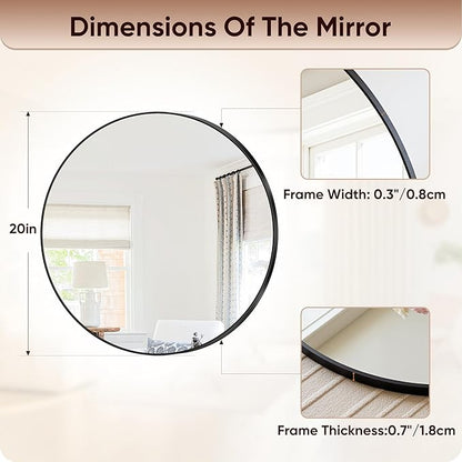Antok Wall Mirror, 20"x20" Bathroom Vanity Mirror, Anti-Rust HD Tempered Glass, Wall Mounted Mirrors for Living Room, Entryway, Black Frame, Round