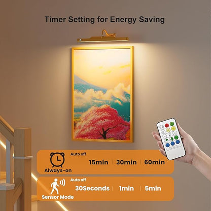 Brass Wireless Picture Light for Wall with Motion Sensor – 16'' Remote with 3CCT Dimmable Art Light for Paintings, 5000mAh Rechargable Painting Light for Artworks,Photos (1Pack