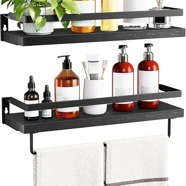 AMADA HOMEFURNISHING Bathroom Shelves with Towel Bar, Floating Shelves, Wall Shelves for Bathroom/Living Room/Kitchen/Bedroom, Black, Set of 2 - AMFS01B