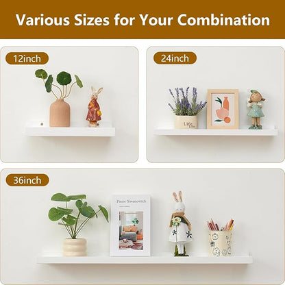 Oak Floating Shelves White for Wall 24 Inch (Upgrade Width 6"), Natural Wood Wall Shelves Display Picture Ledge Shelf for Living Room Bedroom Bathroom Kitchen Office Decor and Storage