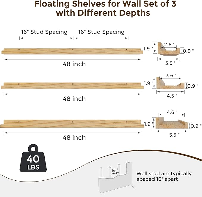 RICHFOCUS Floating Shelves for Wall, 48 inch Solid Wood Picture Ledge Shelf for Wall Storage, Nursery Book Shelves with Lip for Living Room Bathroom Bedroom Kitchen, Set of 3, Natural