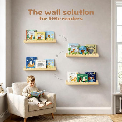 Nursery Floating Shelves for Kids Room, 4 Pack 15.7 Inch Natural Wood Wall Shelves with Scalloped Edge, Kids Bookshelves for Toddler Bedroom, Playroom, Baby Nursery Decor