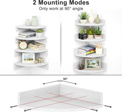 Alsonerbay White Corner Shelf Wall Mount, Set of 4 Floating Shelves for Storage and Display, Large Wooden Shelves for Bedroom, Living Room, Bathroom, Entryway, Garage