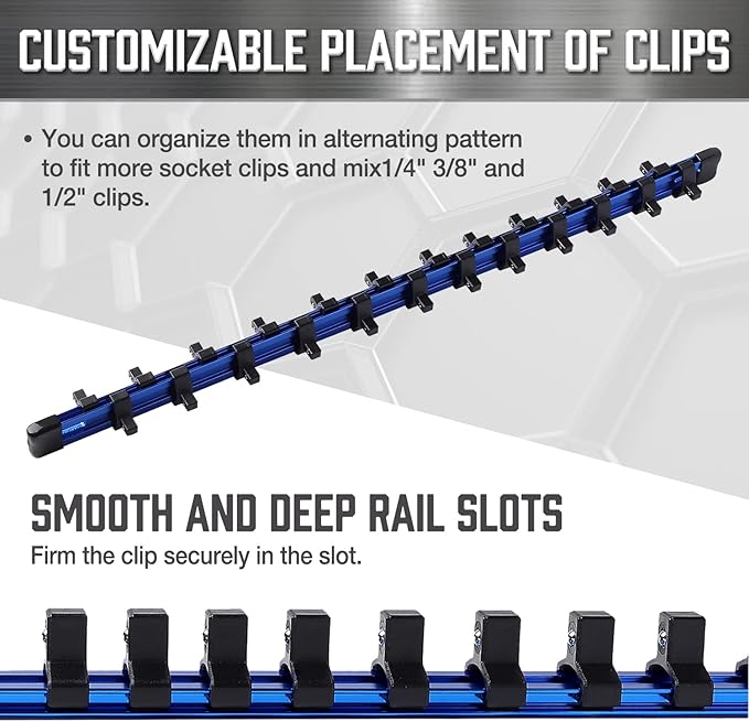 ALOANES 1/4-Inch Drive Aluminum Alloy Socket Rail Organizer, Heavy Duty Socket Racks, Socket Holder Kit for Toolbox Drawer Fit 1/4-Inch x 24 Clips (Blue)
