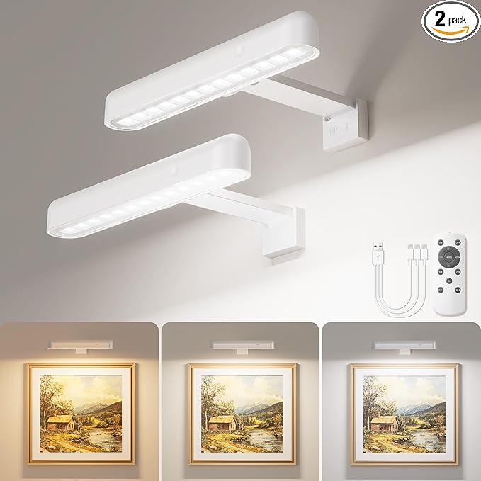 VOLISUN Picture Lights for Wall, Rechargeable Picture Light Battery Operated, 3 Color Temperatures Cordless Picture Light with Remote, Art Lighting for Paintings, Gallery, Portrait, 2 Pack (White)
