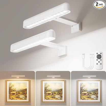 VOLISUN Picture Lights for Wall, Rechargeable Picture Light Battery Operated, 3 Color Temperatures Cordless Picture Light with Remote, Art Lighting for Paintings, Gallery, Portrait, 2 Pack (White)