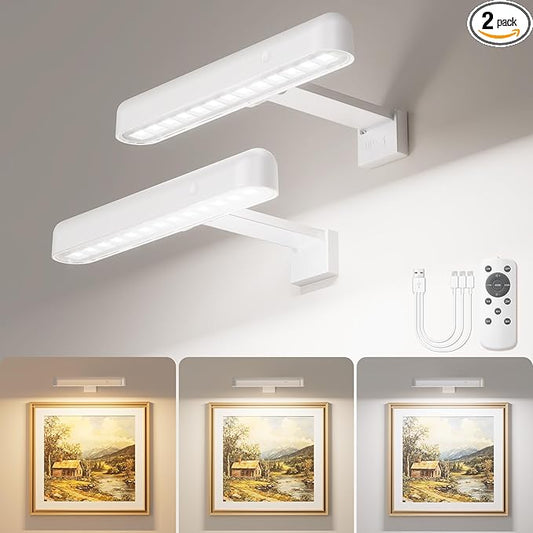 VOLISUN Picture Lights for Wall, Rechargeable Picture Light Battery Operated, 3 Color Temperatures Cordless Picture Light with Remote, Art Lighting for Paintings, Gallery, Portrait, 2 Pack (White)