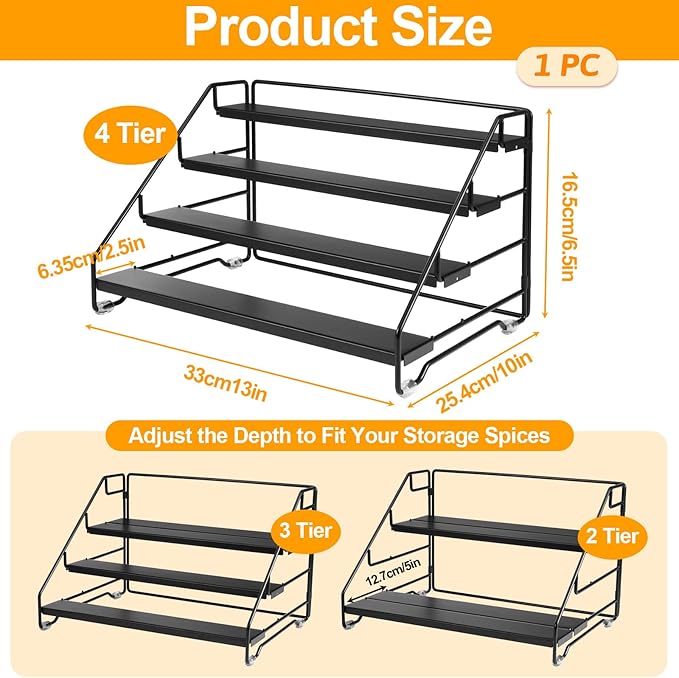 4 Tier Spice Rack for Cabinet, Step Adjustable Spice Shelf, Metal Step Spices Storage Holder with Protection Railing, Seasoning Organizer for Countertop, Cupboard, Pantry
