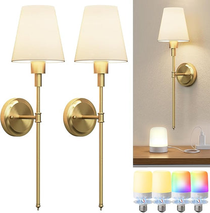 DORESshop Upgraded 4 Rechargeable Bulbs Battery Operated Wall Sconce Set of 2, 15 Color Wireless Wall Sconces Set of 2, Sconce Wall Decor Set of 2 for Bedroom, Living Room, Brushed Gold 24.6in