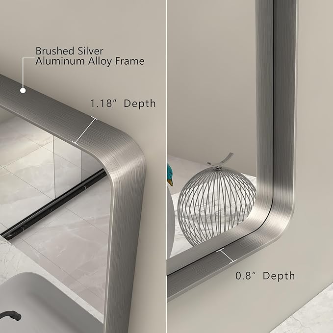 48x30 Silver Brushed Bathroom Mirror for Wall, Brushed Silver Metal Framed Bathroom Vanity Mirror, Rounded Rectangle Mirror, Shatterproof, Anti-Rust (Horizontal/Vertical)