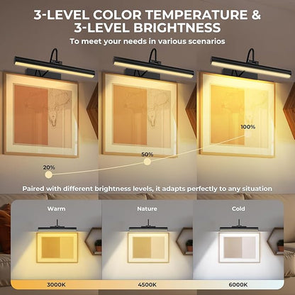 13'' Picture Light for Wall, 5200 mAh Battery Operated Picture Light with Remote & Timer for Wall Art - 3 CCT Dimmable LED, Matte Black Finish