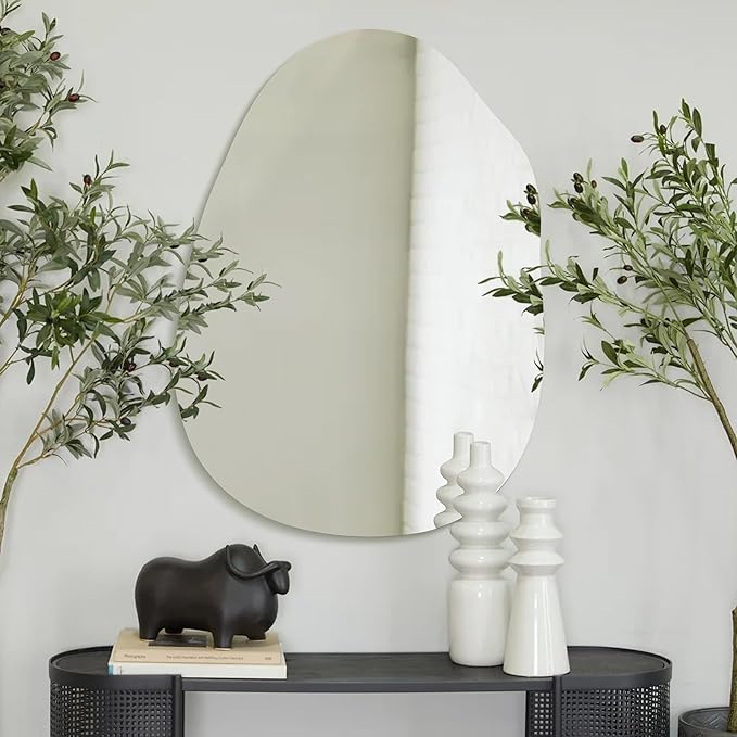 Irregular Frameless Bathroom Mirror,24 x 36 Inch Asymmetrical Wall Mirror with Wood Frame,Vanity Modern Tempered Glass Mirror for Bedroom,Entryway,Living Room