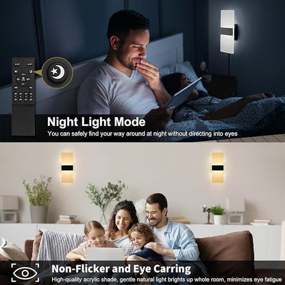 Plug in Wall Sconce with Stepless Adjustable 3000K-6500K Colors and 10%-100% Brightness, 12W Acrylic LED Wall Light with Remote, Hardwire or Plug-in (1 Pack, Black)