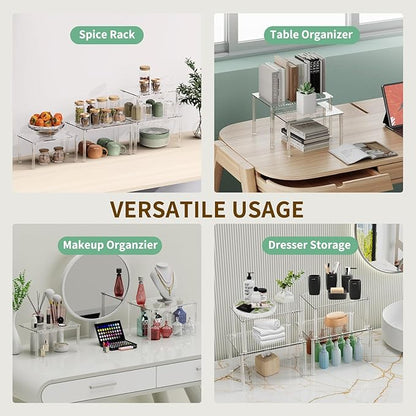 4Pack Acrylic Cabinet Organizer, Clear Cabinet Organizer Shelf, Spice Rack Organizer for Cabinet for Dishes, Spices, Soda Cans and Bottles, Stackable Shelves House Essentials for Gift