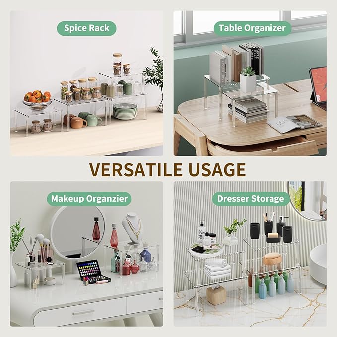 4Pack Acrylic Cabinet Organizer, Clear Cabinet Organizer Shelf, Spice Rack Organizer for Cabinet for Dishes, Spices, Soda Cans and Bottles, Stackable Shelves House Essentials for Gift