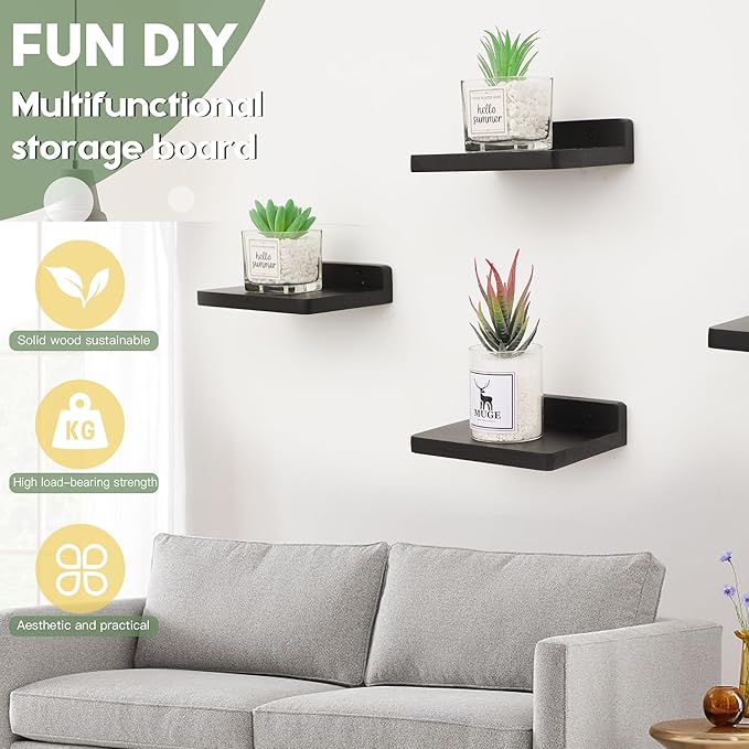 Small Floating Shelf, 5x6 Inch Display Ledges for Wall,Mini Shelves,Rustic Wood Shelf for Bedroom Living Room Bathroom Kitchen (3, Black)