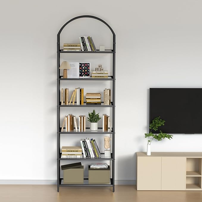 Homhedy Bookshelf Arched Display Racks,Metal Bookcase,Tempered Glass Shelves,Storage Rack Shelf for Home Office,Living Room,Bedroom, Bathroom,Modern Style (Black, 11.8
