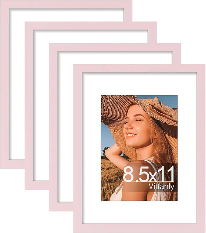 Vittanly 8.5x11 Picture Frames Set of 4, Display Pictures 6x8 with Mat or 8.5x11 without Mat, Gallery Wall Frame Set for Wall Mounting, Engineered Wood with Shatter Resistant Plexiglass, Pale Pink