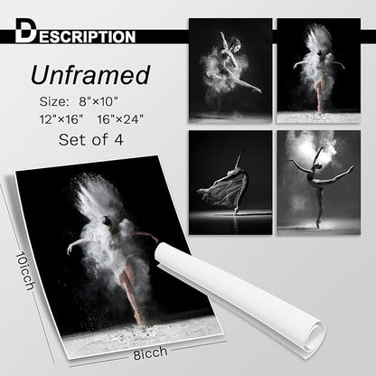 NCYEL 4Pcs Black and White Ballet Wall Art Girl Dancing Canvas Prints Elegant Dance Wall Decor Poster Modern Gallery Style Prints Living Room Bedroom Pictures 8x10 Inch Unframed