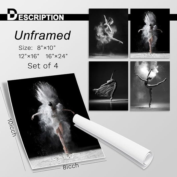 NCYEL 4Pcs Black and White Ballet Wall Art Girl Dancing Canvas Prints Elegant Dance Wall Decor Poster Modern Gallery Style Prints Living Room Bedroom Pictures 8x10 Inch Unframed