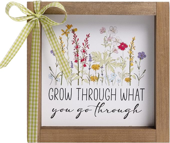 Grow Through What You Go Through Sign, 6 Inch Wooden Office Cubicle Decorations for Women, Boho Inspirational Desk Decor for Shelf Table Rustic Motivational Signs Wildflower Decorations